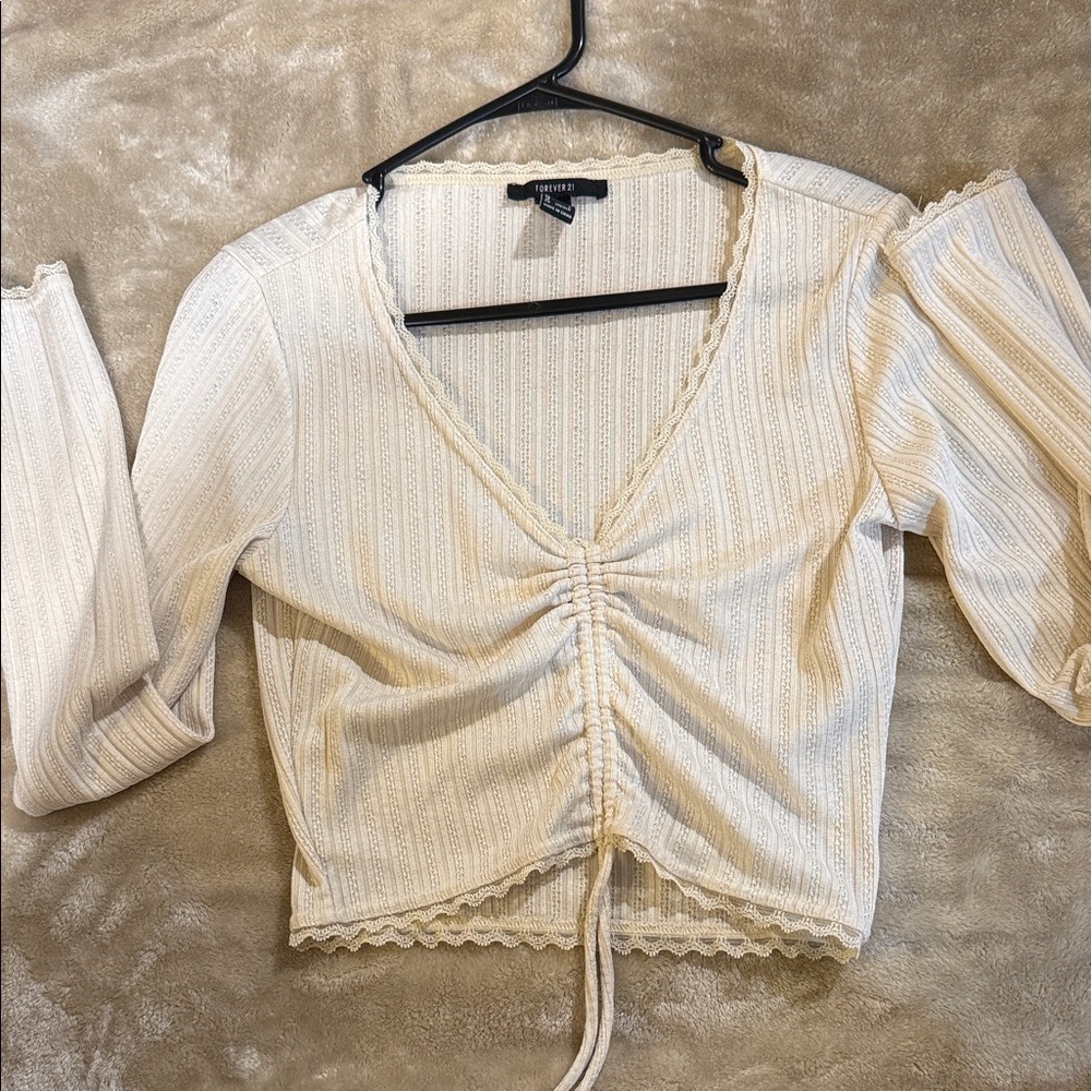 Forever 21 Cream ruched V-neck lace-trimmed crop top